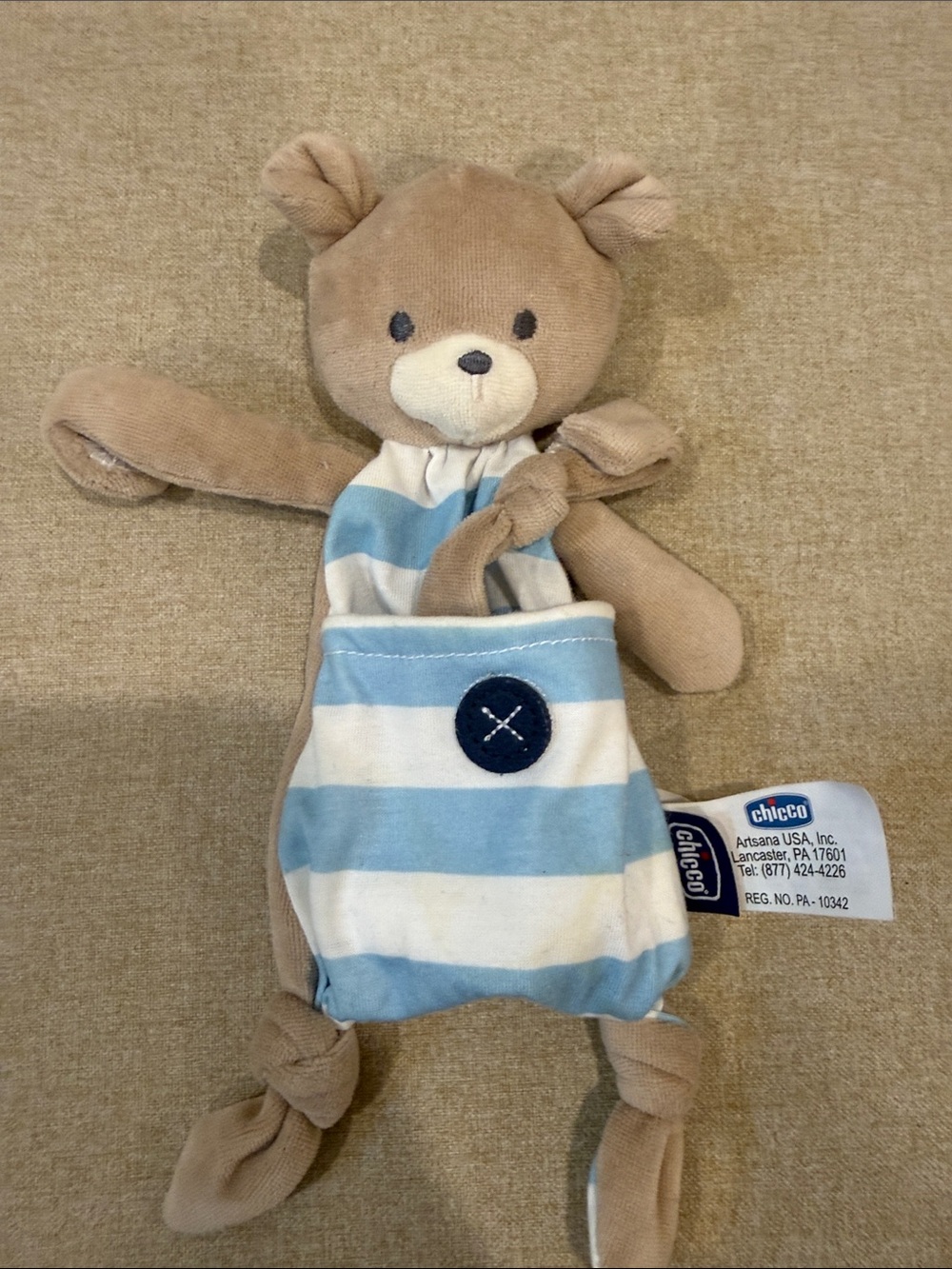 NWOT Chicco Pocket Buddies Beige pacifier bear Plush with Blue